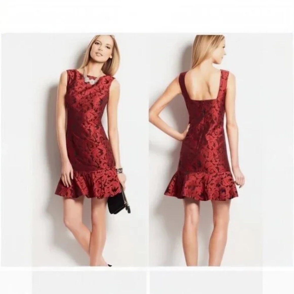 Ann Taylor Red Black Floral Jacquard Flounce Drop Waist Ruffle Hem Dress size: 8